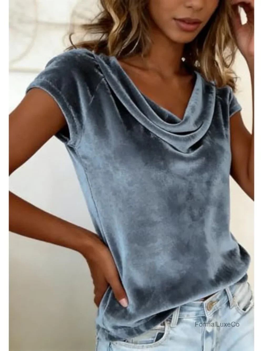 Velvet Cowl Neck Blouse Loose Fit Short Sleeve Elegant Casual